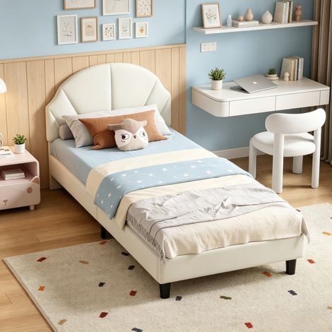 JOOKGBD-Kinderbett Polsterbett 90 x 200 cm, Mädchenbett,Einzelbett,Jugendbett,Verstellbares Kopfteil,Bettgestell mit Lattenrost,Samt,für Kinder und Jugendliche,Ohne Matratze,Beige