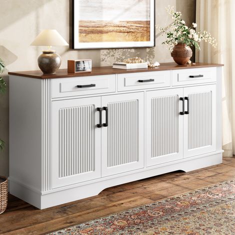 Vitrine 160x40x75 cm avec 3 tiroirs et 4 portes rainurées, rangement pour salon ou salle à manger, MDF - blanc (1/5)