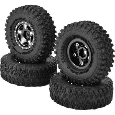 4 pneus en caoutchouc de 2,5 cm (1 pouce) avec jantes en alliage d'aluminium compatibles avec Axial SCX24 90081 AXI00001 AXI00002 1/24 Crawler Car (noir) (1/5)