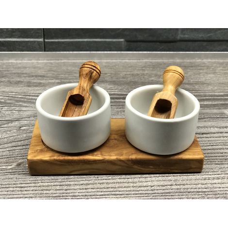 Set de 2 Coupelles à Sel en Céramique avec Plateau et Pelles en Bois d'Olivier pour Table - PANGIVO (1/4)