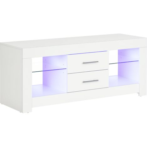 Meuble TV pour 55 pouces avec éclairage LED 12 couleurs télécommandé, en bois et verre, dimensions 120x40x50 cm, couleur blanc, ambiance cosy et rangement optimisé. (1/5)