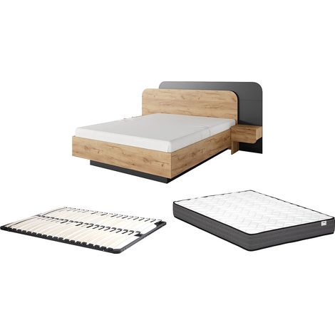 Lit avec chevets 160 x 200 cm - Avec LEDs - Coloris : Naturel et anthracite + Sommier + Matelas - DESADO (1/5)
