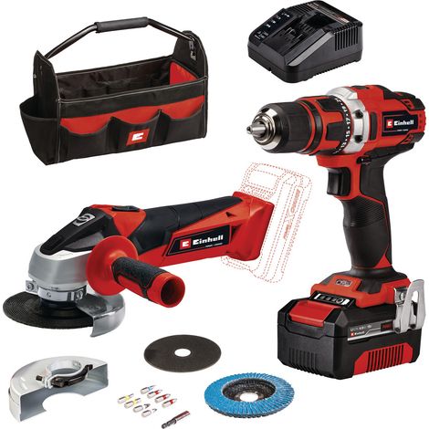 Einhell Perceuse Visseuse sans fil TE-CD 18/40 Li + Meuleuse d’angle sans fil TC-AG 18/115 Li PXC (18V, avec accessoires, sac) Livré avec Batterie 4,0 Ah et Chargeur (1/5)