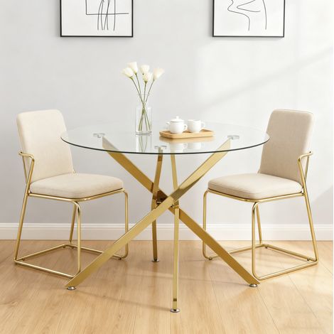 Runder Esstisch 88x88x8 cm, Tischplatte aus gehärtetem Glas, Kreuzfuß, Metall, Gold (1/5)