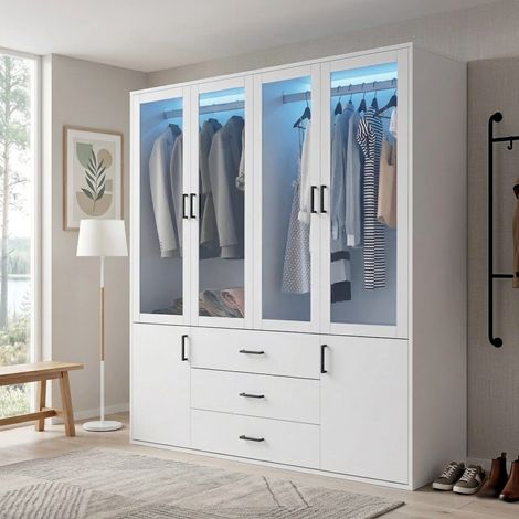 Armoire Blanche Moderne 160x52x182 cm - Penderie Dressing avec LED, 4 Portes en Verre, 2 Portes Battantes, 3 Tiroirs et Tringle