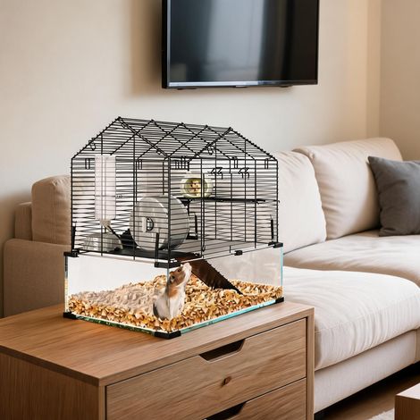 Grand cage à hamster 3 niveaux, fond en verre trempé profond – Habitat transparent avec roue d'exercice, maisonnette, biberon, gamelle – Convient hamster syrien, nain, gerbille, souris, cochon d'Inde