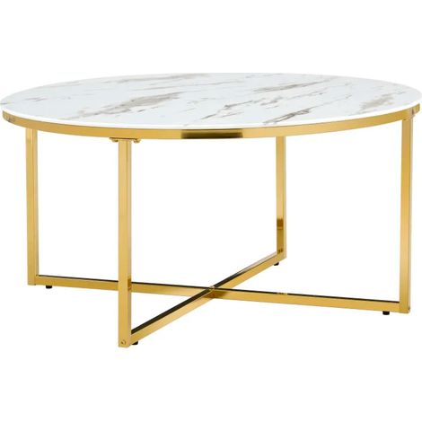 Table Basse LORIE Ronde Plateau Verre Trempé Marbré Blanc Structure Métal Gold D90x45cm (1/5)