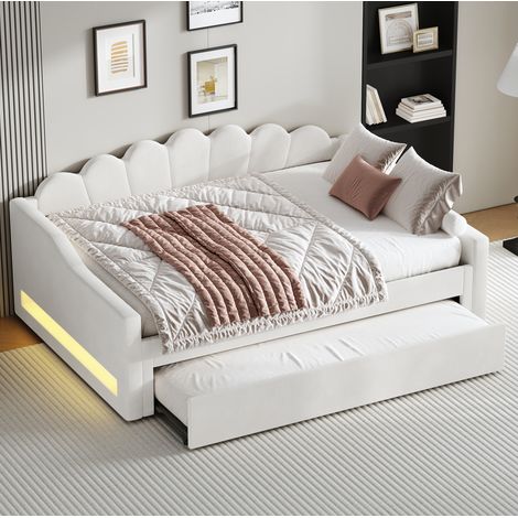 Bettsofa gepolstert in Beige 140x200 cm mit Kopfteil, seitlichen LEDs und Ausziehbett (1/5)