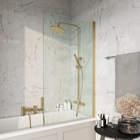 Orbit S6 Brushed Brass Radius Bath Screen 1400mm H x 800mm W - 6mm Glass (1/2)