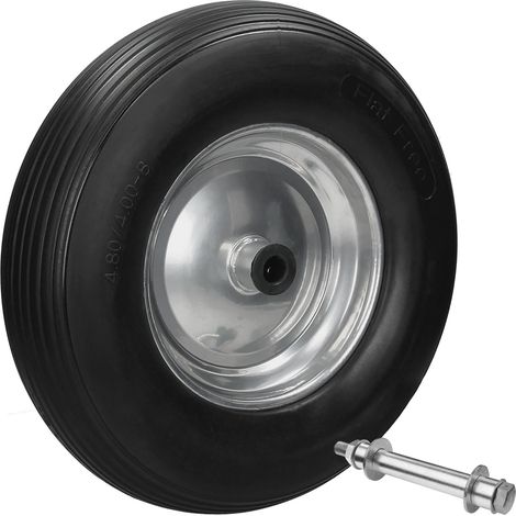 ECD Germany Schubkarrenrad aus pannensicherem PU Vollgummi, Ersatzrad Gummirad mit Achse, 4.80/4.00-8, Durchmesser 390 mm, Schwarz, 200kg, Reifen mit Stahlfelge, Rad Reifen für Schubkarre Gartenkarren