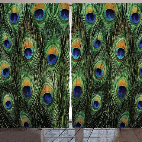 Rideau ARANDE Paon, motif paon tropical exotique en gros plan, 280 x 245 cm, vert moutarde marine (1/2)