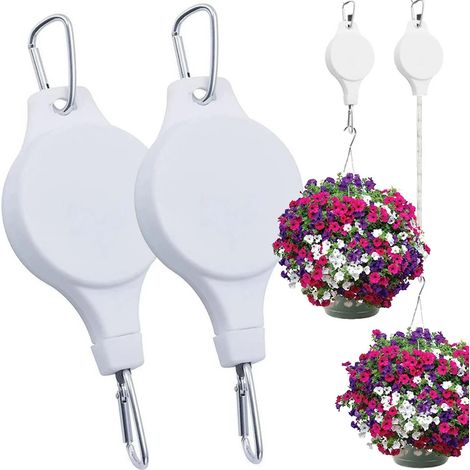 Crochet rétractable pour plantes, sangle en nylon réglable avec mousquetons pour la maison, la terrasse, le jardin et les pots suspendus, blanc, lot de 2 (1/5)