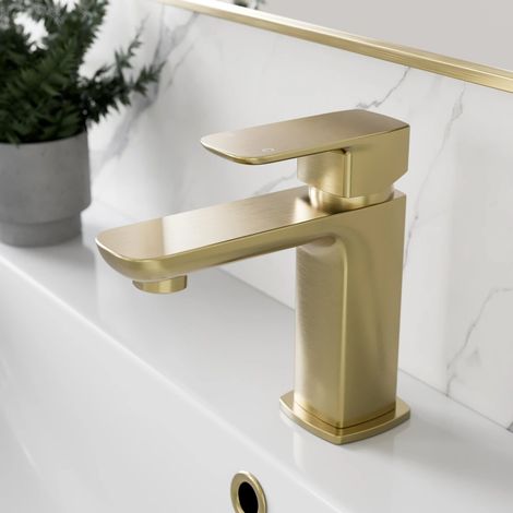 Bathroom Cloakroom Basin Mixer Tap Square Single Lever Handle Brushed Brass (1/5)