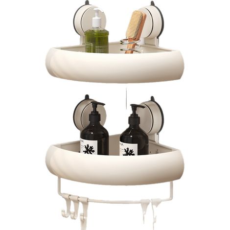 (2 PièCes, Blanc)Etagere Douche Angle Ventouse, Etagere Angle Salle De Bain Sans Percage avec Porte Serviettes et Crochets Rangement (1/5)