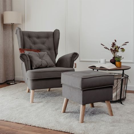 Sessel Ohrensessel ALISON inkl. Hocker in Stoff Trinity Dunkelgrau