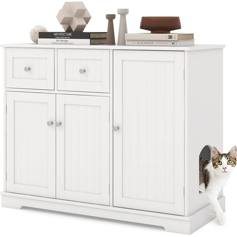 Cat Litter Box Enclosure with 2 Drawers and 3 Doors for Kittens and Adult Cats-White (1/5)