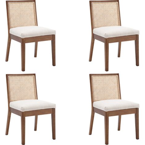 Wahson Lot de 4 Chaises en Lin, Chaises de Salle à Manger en Rotin et Bois Chaise Salle à Manger Rétro en Bois Massif Pour Cuisine, Noyer (1/5)