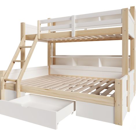 Etagenbett für Kinder 90x200 + 140x200 cm mit Stauraum, LED und Schublade, weiß natur (1/5)