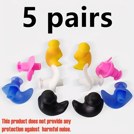 Lot de 5 paires de bouchons d'oreilles en silicone réutilisables pour la piscine, le surf et les sports nautiques. Confortables pour dormir. Disponibles en noir, rose, bleu, jaune et blanc. (1/5)