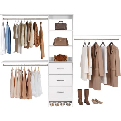 Système de placard avec 3 tiroirs, système d'organisation de placard en bois à hauteur réglable, porte-vêtements avec 3 tringles à vêtements rétractables, pour rangement de chambre, blanc (1/5)