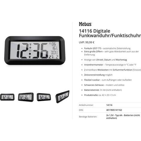 Mebus 14116 Radiocontrollato Orologio radiocontrollato 42 cm x 20 cm x 3 cm Nero Display grande