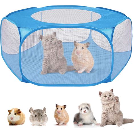 Faltbares Haustier-Laufgitter, tragbares Kleintier-Laufgitter, transparentes Käfigzelt für Hamster, Meerschweinchen, Igel, Kaninchen, 190T wasserdicht und robust, Blau