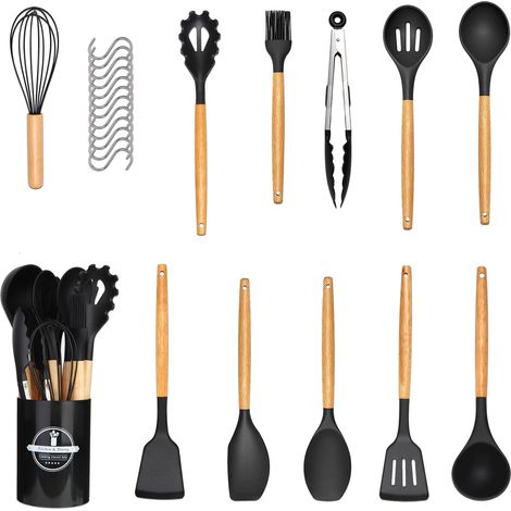 Set de 24 pièces ustensiles de cuisine en silicone souple - Lot complet avec 12 crochets en S et pot de rangement - Accessoires adaptés aux revêtements antiadhésifs - Nettoyage facile - Noir (1/5)
