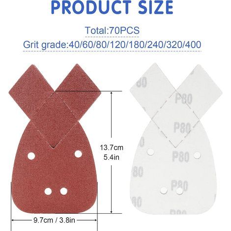 70 Pièces Feuilles Abrasives, Triangles Feuilles de Ponçage,40/60/80/120/180/240/320/400, 8 grains différents, Du grossier au fin, Papier Abrasif pour Black and Decker Ponceuse de détail Mouse (1/4)