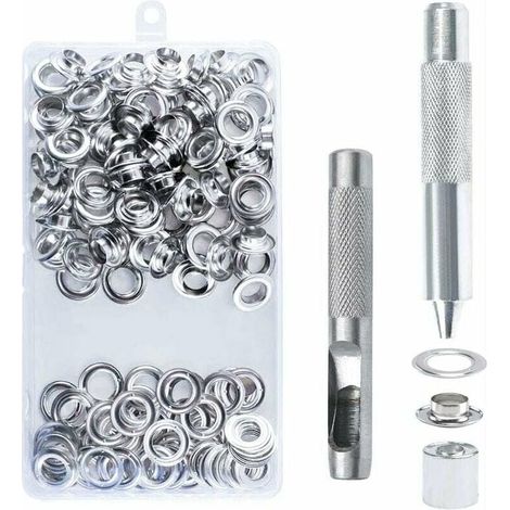 100-teiliges Ösen-Set (14 mm), Ösenwerkzeug für Metallösen, Ösen-Set mit Ösenwerkzeug für Planen-, Zelt- und Segeltuchreparaturen, Silber, Sonnig (1/5)