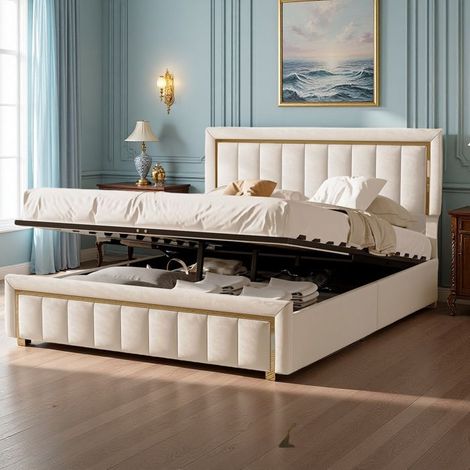 Lit Adulte Hydraulique 140x200 cm - Velours Blanc Cassé - Rangement Intégré - Design Luxe - 2 Places (1/5)