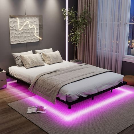 Cadre de Lit Flottant Double avec Éclairage LED Lit Plateforme Métallique Moderne avec Butée Anti-Glissement 200 x 140 cm Noir (1/3)
