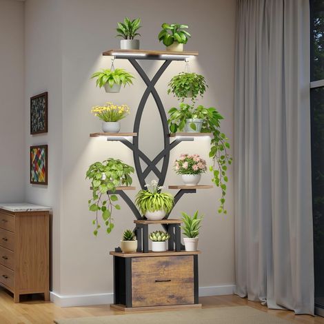 Support pour plantes d'intérieur avec lampes de croissance – Étagère à 8 niveaux avec tiroir de rangement, étagère pour plantes de 165,1 cm de haut avec lampe de croissance et 2 crochets, support (1/5)