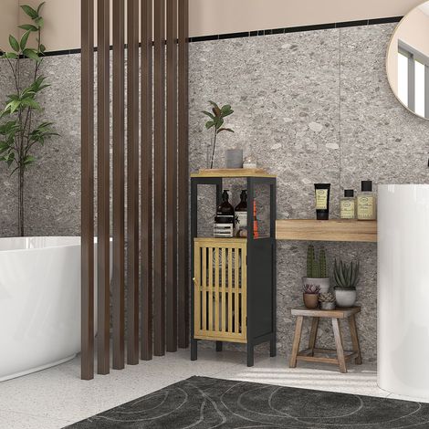 Meuble bas de salle de bain en bambou avec placard 1 porte niche ouverte 32 x 30 x 90.5 cm. noir et bois