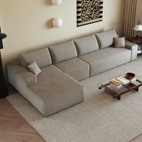 Sofá rinconero modular de 340 cm con chaise longue en L, sin montaje, tejido acanalado camel HAVRYA (1/5)