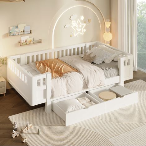 Letto bambini 90x200 cm con barriera di protezione e 2 cassetti contenitore, legno e MDF - bianco (1/5)
