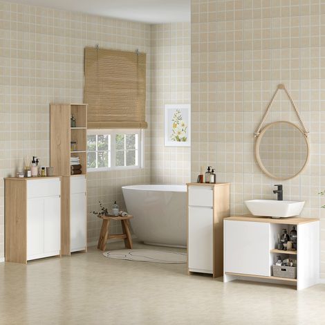 Armoire de salle de bain haute Kleankin, colonne de salle de bain avec 1 porte, tiroir et 3 étagères, étagère réglable pour cuisine ou salon, 32,6 x 30 x 171,2 cm, bois naturel et blanc