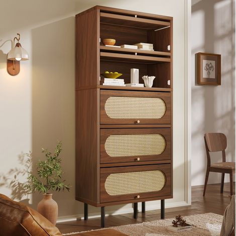 FLORAGRACE Buffet 80 x 40 x 163 cm haut en bois brun, 5 portes abattantes, grand rangement, meuble colonne avec pieds métal, salon, entrée, cuisine, gain de place (1/5)