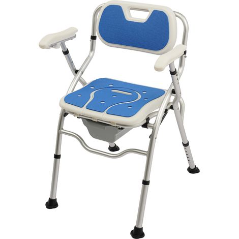 Chaise de toilette pliable - Bleu - Alu - Capacité 150 kg - Hauteur assise réglable 45-52 cm - Accoudoirs - Pour personne âgée, PMR, handicapé