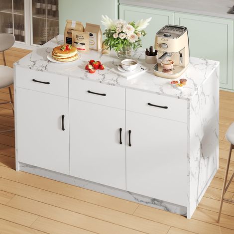 Îlot de cuisine 120 x 60 x 90,5cm avec 3 tiroirs et 3 portes, design marbre blanc, style bar (1/5)