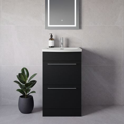 Napoli 390 Nero Oak 500mm 2 Drawer Vanity Unit with Arc Basin - 500mm - Chrome 320mm Handle