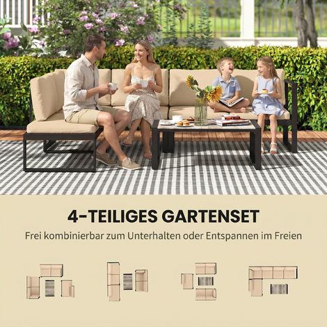 Ensemble de jardin 4 pièces, canapé avec 2 banquettes, fauteuil sans accoudoirs, table basse, pour balcon, kaki (1/5)