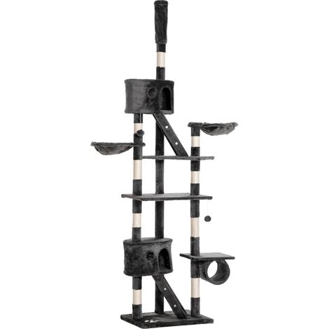 Albero Tiragraffi Multilivello a Soffitto Altezza Regolabile 240-260 cm con Casette e Letti in Peluche e Sisal Grigio (1/5)