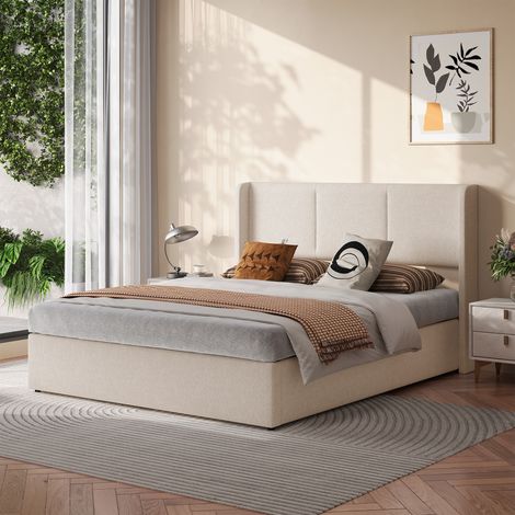 Lit 160 x 200cm - Coffre de rangement - tête de lit matelassée - sommier à lattes - lit double design pour chambre - lin beige (1/5)