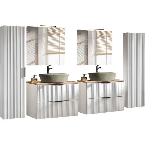Badezimmermöbel Komplett Set matt weiß Rillenoptik ADELAIDE-56-WHITE 2 Spiegel & 2 Waschtische mit Keramikbecken, 2 Hochschränke (1/5)