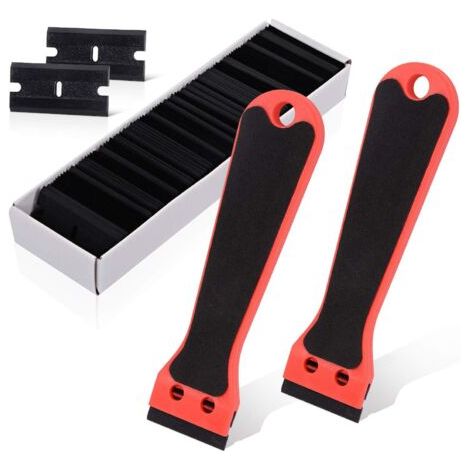 2 Grattoir Plastique avec 100 raclettes, Long Manche Grattoirs, pour Enlever les étiquettes, a colle, la peintureAutocollants et décalcomanies, rouge