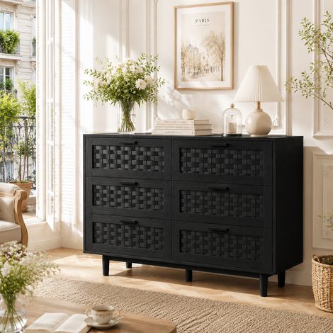 Meuble de rangement à 6 tiroirs en PVC noir imitation osier, style chêne naturel, structure en bois, poignées métalliques, salon/salle à manger/entrée (1/5)