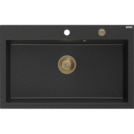 Mexen Elix évier de cuisine en granit 1 bac 800 x 500 mm, noir/argent métallique, siphon doré - 6527801005-73-G (1/5)