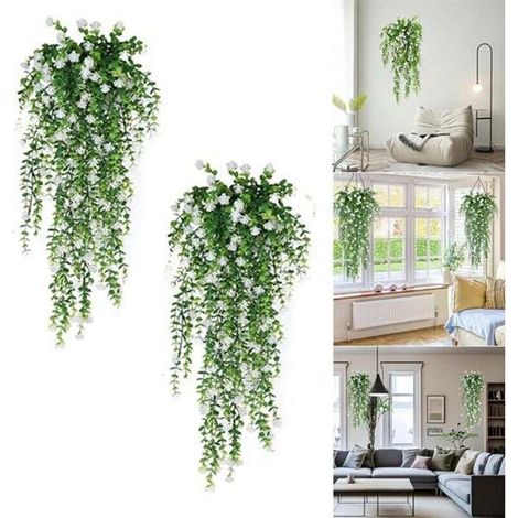 Plantes suspendues artificielles 2 pièces, fleurs artificielles blanches, décoration de lierre artificiel, murs intérieurs et extérieurs (1/4)