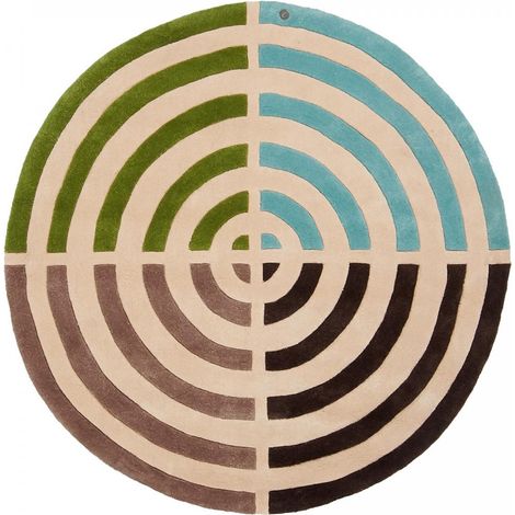 Tapis rond fait main Ø150cm vert et bleu en laine motif géométrique pour salon