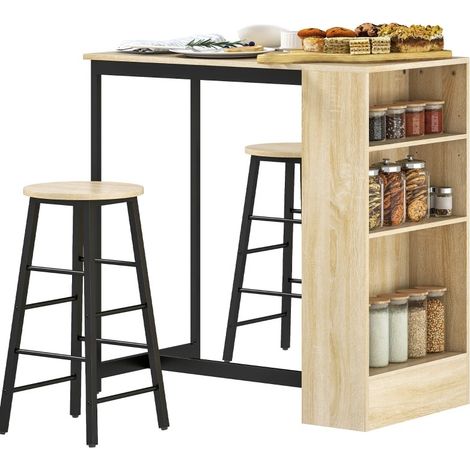 3-teiliges Bartisch-Set mit 2 Hockern und Stauraum, Stahl, Eichenoptik (1/5)